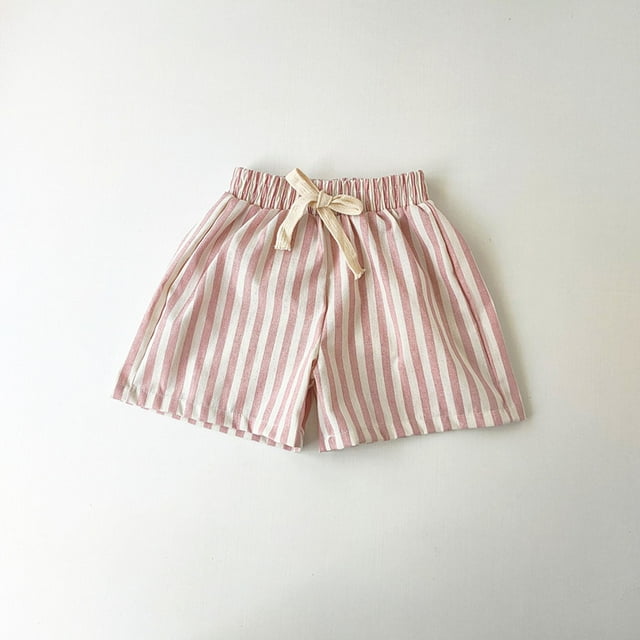 MKOSPLRT 2-10 Years Kids Shorts Striped Lounge Shorts Elastic Waist Drawstring Summer Shorts Soft Cotton Linen Shorts for Little Girl