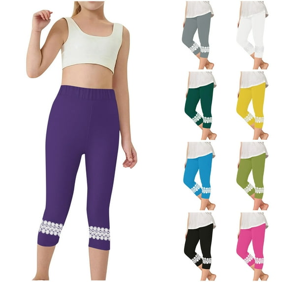 MKOSPLRT 2-13 Years High Waist Leggings for Girl Toddler Stretch Slim Fit Yoga Workout Capris Solid Lace Hem Crop Leggings Summer Capris