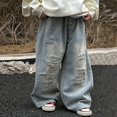 thumbnail image 1 of MKOSPLRT 2-14 Years Ripped Jeans for Girl Elastic Waist Distressed Jeans Baggy Straight Wide Leg Jeans Retro Jeans with Pocket Gifts for Kid, 1 of 6