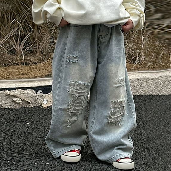 MKOSPLRT 2-14 Years Ripped Jeans for Girl Elastic Waist Distressed Jeans Baggy Straight Wide Leg Jeans Retro Jeans with Pocket Gifts for Kid