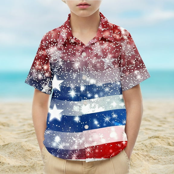 MKOSPLRT 2-15 Years Button Down Shirts for Boy Girl Short Sleeve Summer T Shirts Casual American Flag Shirts Funny Holiday Graphic Tees
