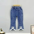 thumbnail image 1 of MKOSPLRT 2-7 Years Toddler Girl Boot Cut Jeans Elastic Waist Floral Hem Flare Jeans Baggy Bell Bottom Denim Pants with Pocket Gifts for Kid, 1 of 3