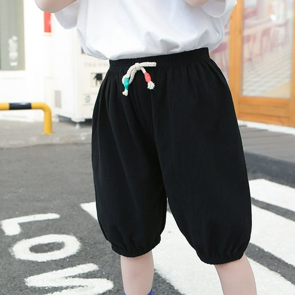 MKOSPLRT 2-8 Years Capri Pants for Kid Elastic Waist Cotton Linen Capris Drawstring Baggy Lantern Pants Solid Color Lounge Pants with Pocket