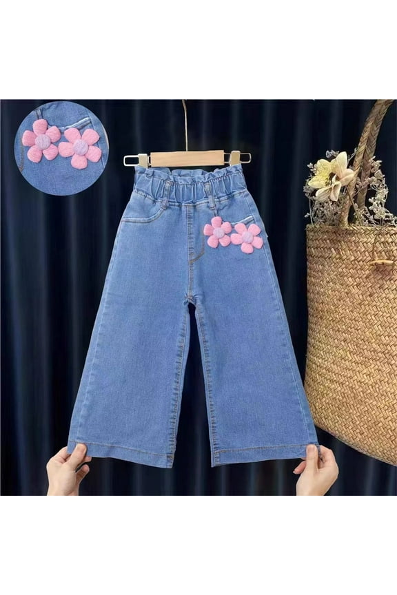 2-8 Years Toddler Girl Floral Jeans High Waist Baggy Wide Leg Jeans Solid Color Lounge Straight Leg Jeans Funny Jeans for Kid