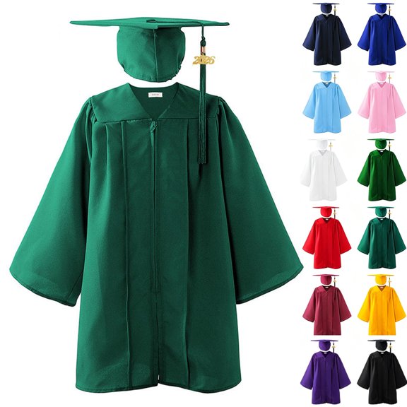 MKOSPLRT 2-Pack Kids' Graduation Dress 3-12 Years Shiny Full Zip Academic Robe and Cap Set with 2025 Tassel for School Ceremony Performance