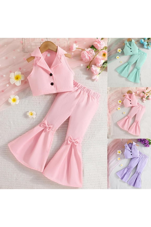 2-Piece Girls' Party Set 3-8Y Notch Collar Vest Bow Dress Flare Pants Solid Casual Dressy Wedding Outfit Kids Blazer Suits