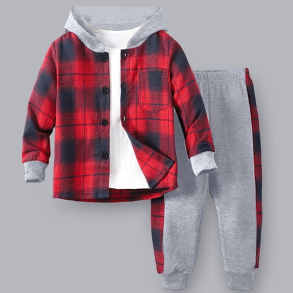MKOSPLRT 2Pcs Boys Clothes Sweatsuit Set Hoodie Flannel Plaid Shirt and Jogger Pants for Kids Fall Winter Spring Outfits 2-7Y