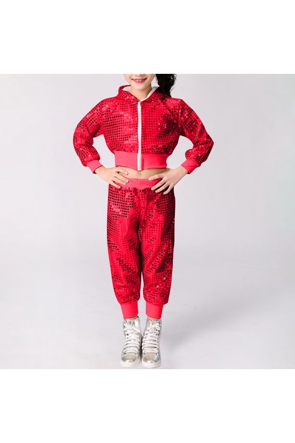 2Pcs Girls Dance Outfits Cropped Sequin Zip Up Hoodies Sweat Pants Set Kids Hip Hop Dance Sweatsuit for 80s 90s Party 1-8 Years