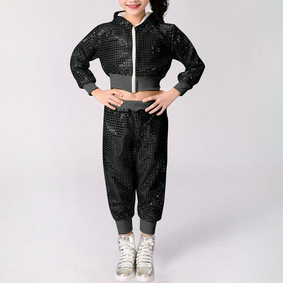 MKOSPLRT 2Pcs Girls Dance Outfits Cropped Sequin Zip Up Hoodies Sweat Pants Set Kids Hip Hop Dance Sweatsuit for 80s 90s Party 1-8 Years