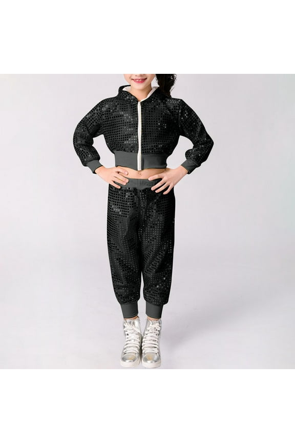 2Pcs Girls Dance Outfits Cropped Sequin Zip Up Hoodies Sweat Pants Set Kids Hip Hop Dance Sweatsuit for 80s 90s Party 1-8 Years