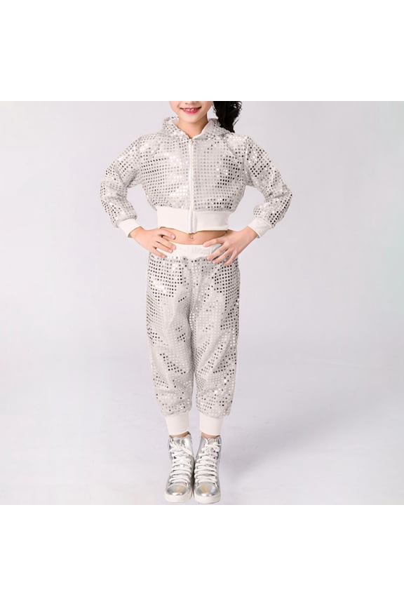2Pcs Girls Dance Outfits Cropped Sequin Zip Up Hoodies Sweat Pants Set Kids Hip Hop Dance Sweatsuit for 80s 90s Party 1-8 Years
