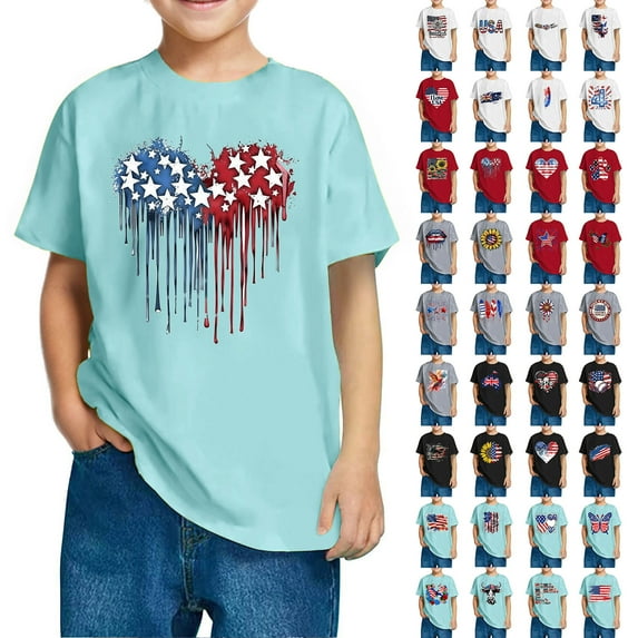 MKOSPLRT 3-10 Years Girls Boys Short Sleeve Patriotic Tops Crew Neck Floral Print Tshirts 4th of July Shirts Kids Clothes USA Flag Clothing