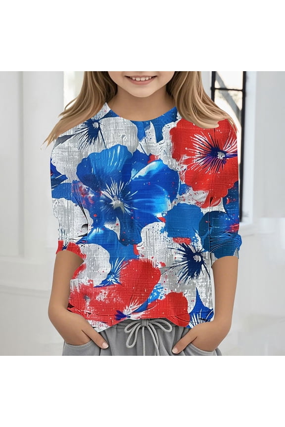 3-12 Years 4th of July Kids Shirts Boys Girls 3/4 Sleeve Crew Neck American Flag Shirts Memorial Day Gifts for Toddler Children