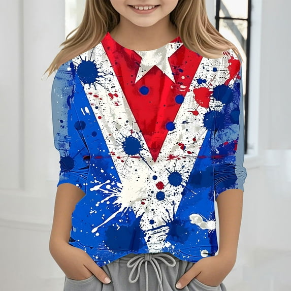 MKOSPLRT 3-12 Years 4th of July Kids Shirts Boys Girls 3/4 Sleeve Crew Neck Red White and Blue Shirts Happy Independence Day Party Shirts
