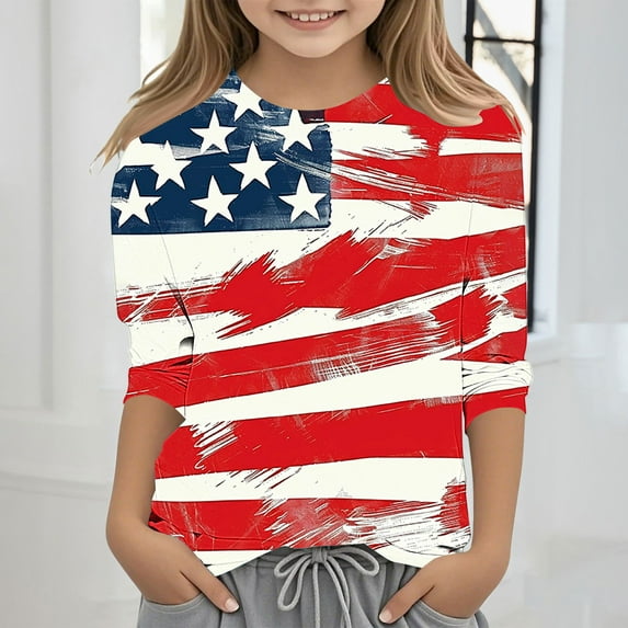 MKOSPLRT 3-12 Years 4th of July Kids Shirts Boys Girls 3/4 Sleeve Crew Neck USA Flag Shirts Funny Red White and Blue Tee Shirts