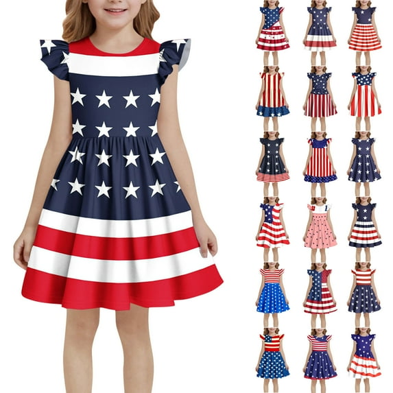 MKOSPLRT 3-12 Years Fly Sleeve Dresses for Girl USA Flag Swing A Line Dress Crew Neck 4th of July Party Midi Dresses