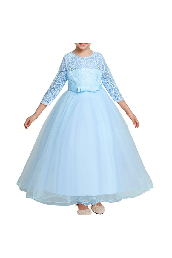 3-12 Years Girl's Flower Dresses for Wedding Bridemaid Lace Long Sleeve Bow Mesh Princess Dress Flowy Brithday Party Maxi Dresses