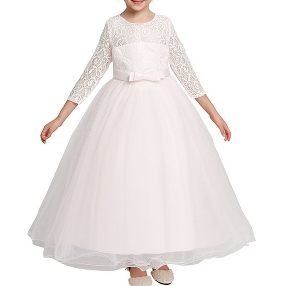 MKOSPLRT 3-12 Years Girl's Flower Dresses for Wedding Bridemaid Lace Long Sleeve Bow Mesh Princess Dress Flowy Brithday Party Maxi Dresses