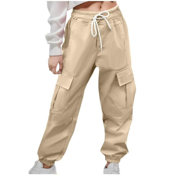 MKOSPLRT 3-12 Years High Waist Cargo Pants for Kid Baggy Wide Leg Pants Solid Color Cinch Bottom Sweatpants Fashion Y2k Pants with Pocket