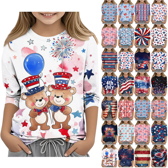 MKOSPLRT 3-12 Years Toddler Kids American Flag Shirts 3/4 Sleeve Crew Neck Cute Tshirts Casual Independence Day Party Tees Summer Shirts