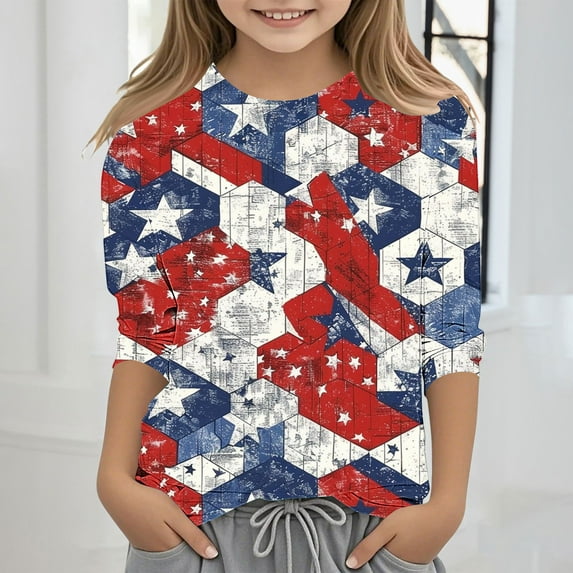 MKOSPLRT 3-12 Years Toddler Kids American Flag Shirts 3/4 Sleeve Crew Neck USA Flag Shirts 4th of July T Shirts Back to School Tshirts