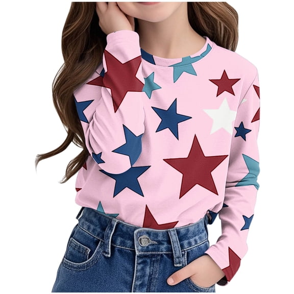 MKOSPLRT 3-14 Years Kids Y2K Tops Long Sleeve Crewneck T Shirts Funny Stars Graphic Shirts Fashion Color Block Blouses Soft Tees