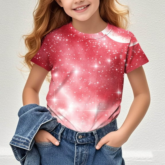 MKOSPLRT 3-14 Years Sparkly Tops for Girl Short Sleeve Funny Graphic Tees Crew Neck Glittle Print Shirts Casual Holiday Blouses for 3-14Y