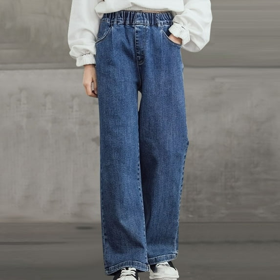 MKOSPLRT 3-14 Years Straight Leg Jeans for Girl Elastic Waist Wide Leg Jeans Baggy Denim Pants Solid Color Lounge Jeans with Pocket