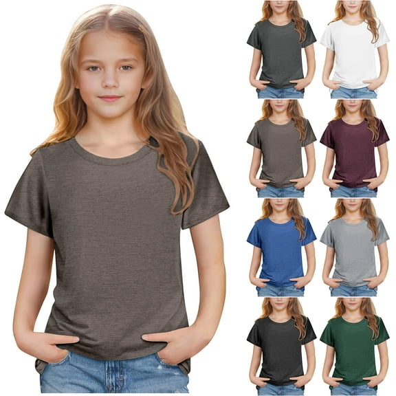 MKOSPLRT 3-14 Years Summer Tops for Girls Short Sleeve Casual T Shirts Crew Neck Funny Shirts Solid Color Loose Fit Blouses Kids Shirts
