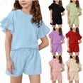 thumbnail image 1 of MKOSPLRT 3-15 Years Athletic Outfits for Girl Ruffle Sleeve Tops and Elastic Waist Shorts Solid Baggy Running Sweatsuits 2 Piece, 1 of 9