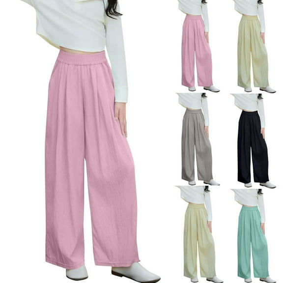 MKOSPLRT 3-15 Years High Elastic Waist Pants for Girl Solid Casual Athletic Pants Baggy Straight Wide Leg Pants with Pockets