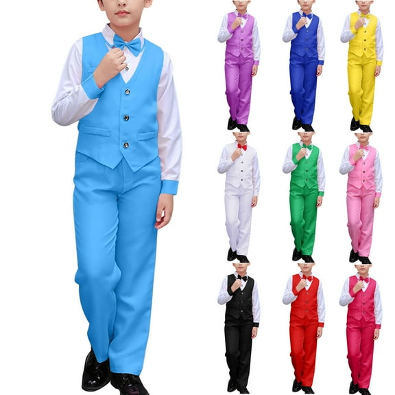 MKOSPLRT 3-18 Years Boys' Performance Suit Set Long Sleeve Lapel Shirt   Vest   Bow Tie   Dress Pants Solid Formal Wedding Outfit