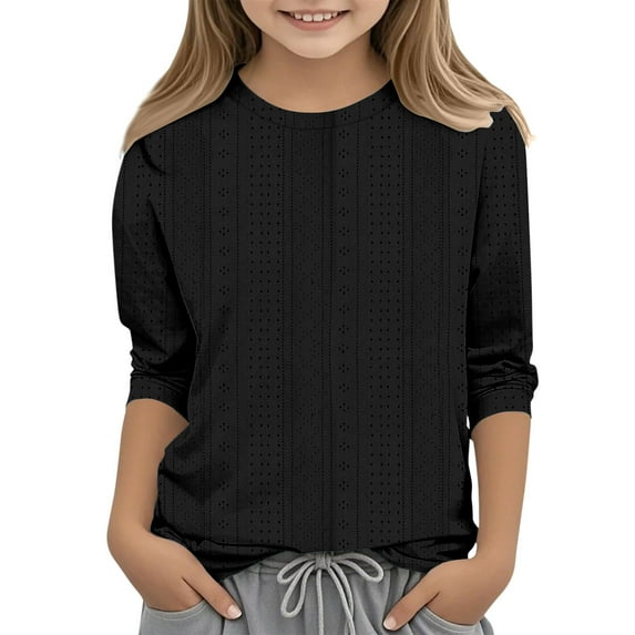 MKOSPLRT 3/4 Length Sleeve Children's Tops Crew Neck Casual Dressy T Shirts Comzy Eyelet Embroidery Tunic Shirts Solid Blouses 3-12Years