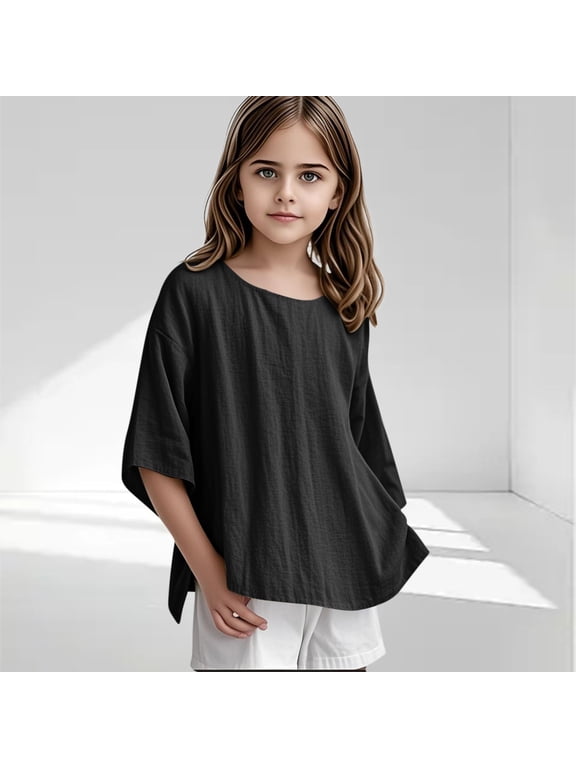 3/4 Length Sleeve Girls Tops Oversized Crew Neck Linen Shirts Loose Fit T Shirts Casual Slit Hem Blouses Solid Tees for 3-15 Years
