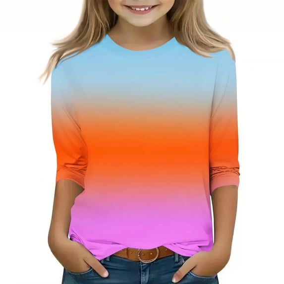 MKOSPLRT 3/4 Sleeve Children's Tops Trendy Gradient T Shirts Crew Neck Lounge Shirts Holiday Soft Blouses Baggy Y2K Tees for Girl