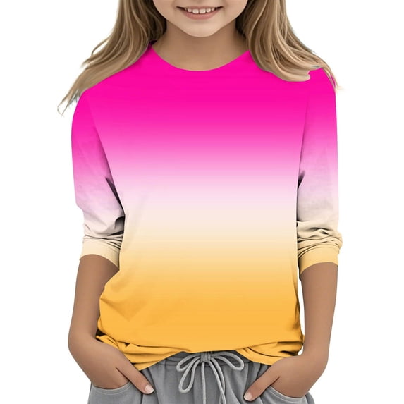 MKOSPLRT 3/4 Sleeve Children's Tops Trendy Gradient T Shirts Crew Neck Lounge Shirts Holiday Soft Blouses Baggy Y2K Tees for Girl
