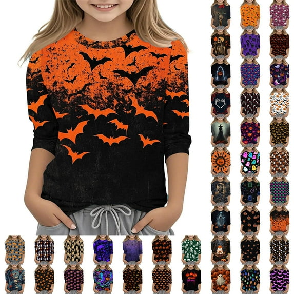 MKOSPLRT 3/4 Sleeve Halloween Shirts for Boy Girl 3-12Y Crew Neck Funny Graphic Tees Cute Pumpkin Ghosts T Shirts Casual Going Out Tops