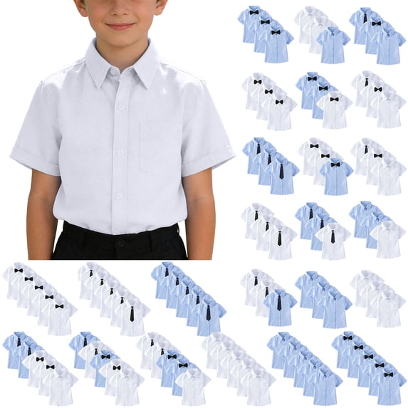 MKOSPLRT 3 Pack Boys' Short Sleeve Dress Shirts with Bow Kids Solid Button-Down Shirts Collared Solid Button up School Uniform Tops Blue 3-4 Years/120