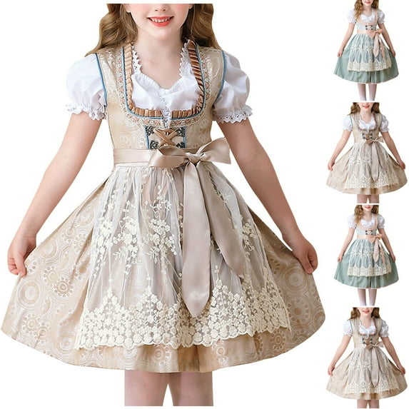 MKOSPLRT 3 Psc Girls Dirndl Dress 4-12Y Oktoberfest Puff Sleeve Tops German Bavarian Beer Mini Maid Dress Halloween Costumes with Lace Apron