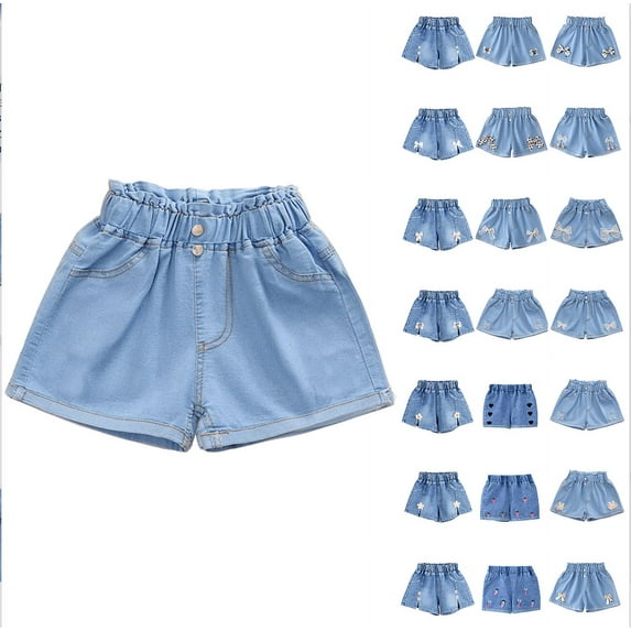 MKOSPLRT 4-13 Years Children Girls Jeans Shorts Elastic Waist Casual Denim Shorts Cute Bow Jean Shorts Baggy Wide Leg Shorts with Pocket