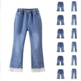 thumbnail image 1 of MKOSPLRT 4-14 Years Girls Flare Jeans with Pocket Elastic Waist Bow Jeans Fashion Slim Fit Bootcut Denim Pants Funny Pearl Hem Jeans, 1 of 4