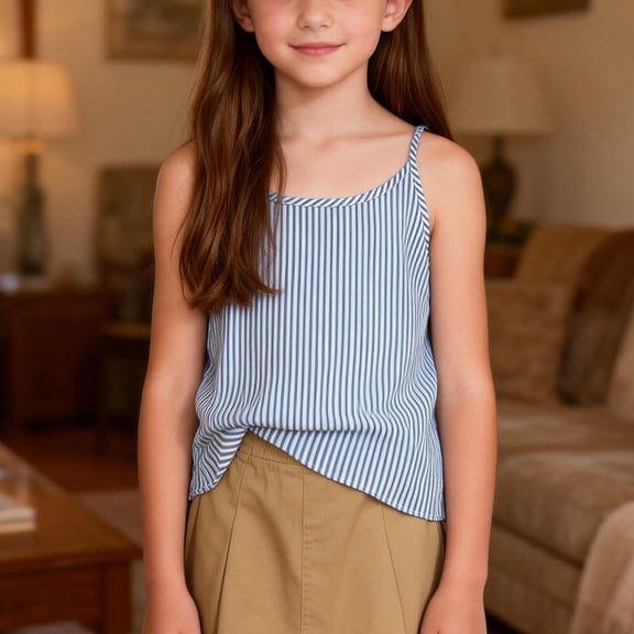 MKOSPLRT 4-14 Years Girls Linen Blend Striped Sleeveless Cami Tops Loose Casual Summer Shirts Lightweight Relaxed for Daily Wear