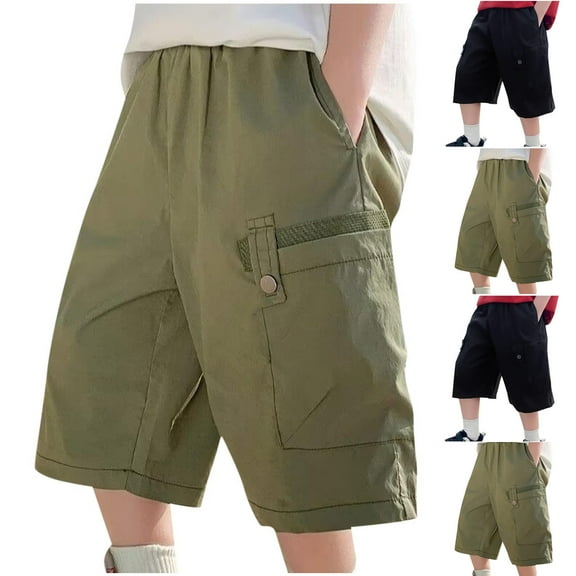 MKOSPLRT 4-14 Years Kids Capri Pants for Summer Boys Elastic Waist Baggy Cargo Shorts Casual Wide Leg Shorts Solid Joggers with Pokcet