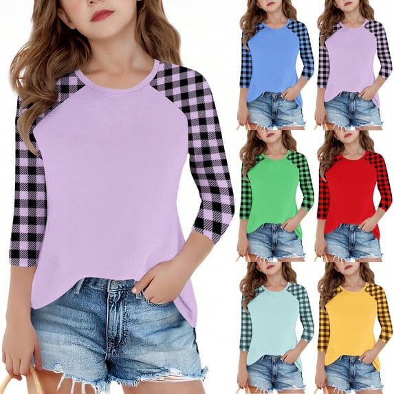 MKOSPLRT 4-15 Years 3/4 Sleeve Tops for Kids Girls Crew Neck Plaid Raglan Shirts Cute Color Block T Shirts Casual Tunics for Kid