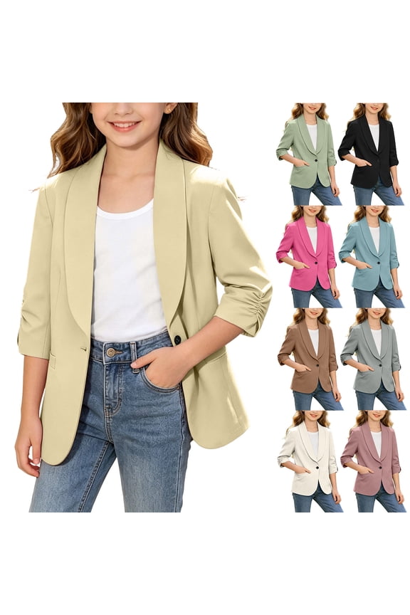 4-15 Years Girls Solid Pleated 3/4 Sleeve Blazer Button Front Casual Jacket with Pockets Lightweight for School