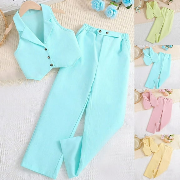MKOSPLRT 4-8 Years Girls Two Piece Outfits Solid Casual Dressy Wedding Sets Notch Collar Vest Baggy Wide Leg Dress Pants with Pocket