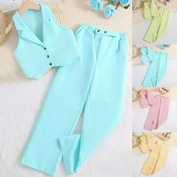 MKOSPLRT 4-8 Years Girls Two Piece Outfits Solid Casual Dressy Wedding Sets Notch Collar Vest Baggy Wide Leg Dress Pants with Pocket