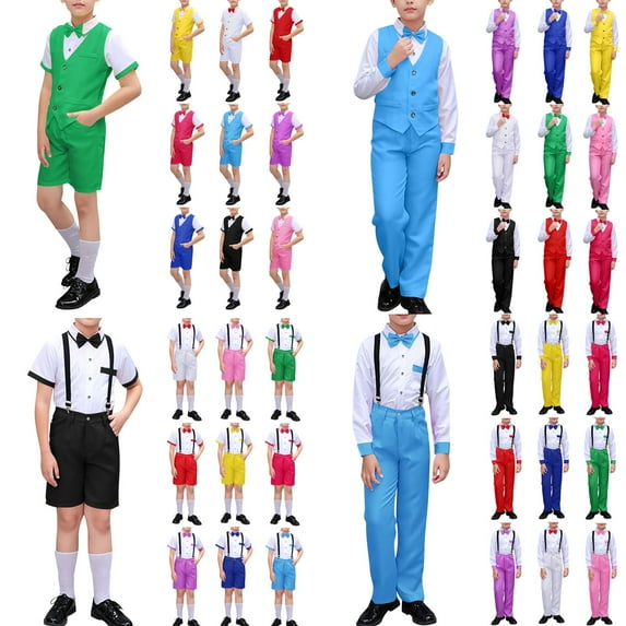 MKOSPLRT 4-Piece Boys' Formal Set 3-18Y Short Sleeve Shirt + Bow Tie + Suspenders + Dress Shorts Lightweight Performances Party Outfit
