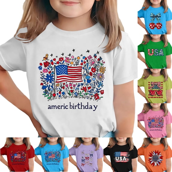 MKOSPLRT 4th of July Kids T-Shirt, Soft Cotton American Flag Print Crew Neck Short Sleeve Top for Boys Girls Black 12-13 Years