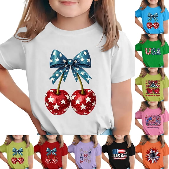 MKOSPLRT 4th of July Kids T-Shirt, Soft Cotton American Flag Print Crew Neck Short Sleeve Top for Boys Girls Blue 12-13 Years